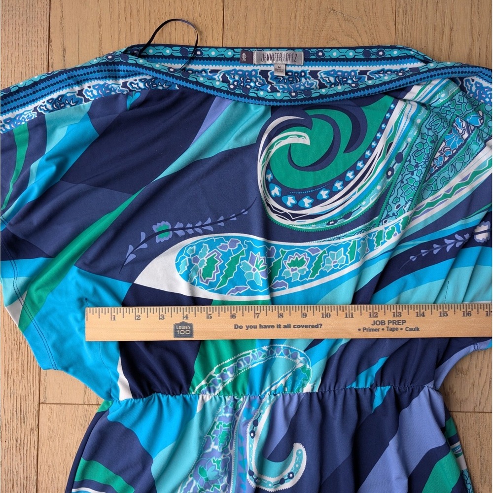 Jennifer Lopez Blue Green Paisley Boat Neck Mini Dress Elastic Waist Womens M - Picture 4 of 5